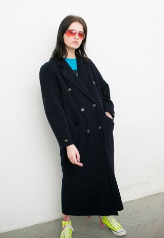 VINTAGE NAVY BLUE WOOL MAXI COAT WARM HEAVY LONG WINTER COAT
