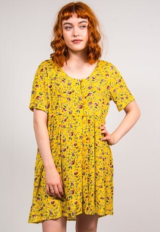 VINTAGE 90'S YELLOW FLORAL PATTERN GRUNGE STYLE SMOCK DRESS