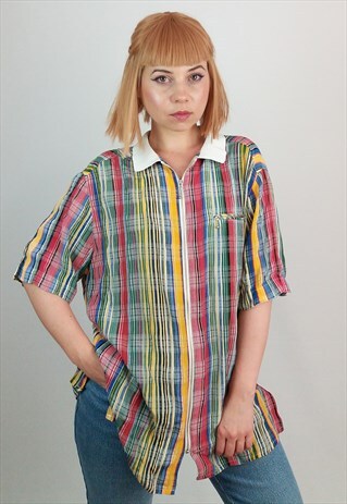 VINTAGE 80'S RAINBOW STRIPED ZIPPER BLOUSE / SHIRT / TOP