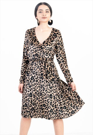 ANIMAL PRINTED MIDI VELVET PARTY DRESS WITH DEEP V-NECK