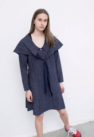 VINTAGE NAVY BLUE POLKA DOT DRESS TIE UP BOW SHOULDER DETAIL
