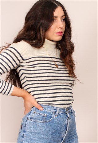 VINTAGE 90S RIB KNIT STRIPE TURTLENECK JUMPER