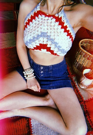 70'S STYLE BOHO FESTIVAL REWORKED CROCHET HALTER CROP TOP