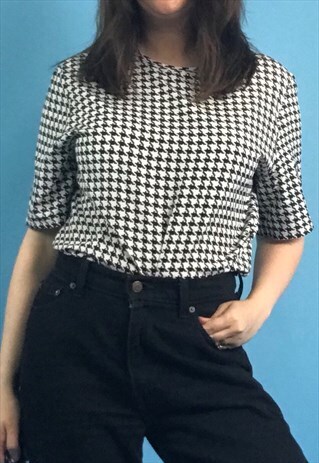VINTAGE 90S BLACK WHITE DOGTOOTH CHECK BLOUSE TOP