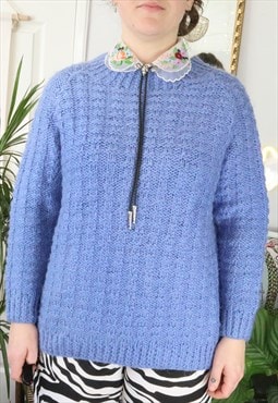 Vintage 80s Blue Cable Aran Fisherman Knit Jumper Sweater