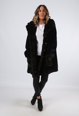 FAUX FUR COAT JACKET VINTAGE UK 16 (A92I)