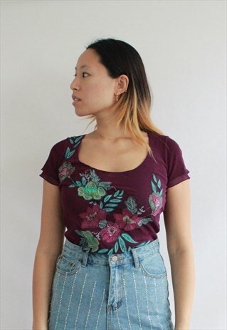 PURPLE MESH FLOWER EMBRODIERY TOP