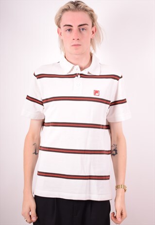 FILA MENS VINTAGE POLO SHIRT MEDIUM WHITE STRIPES 90S