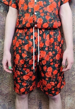Rose shorts floral print crop board overalls in red black