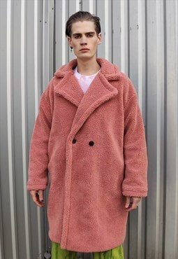 Fleece trench jacket in pastel pink fluffy mac coat in pink