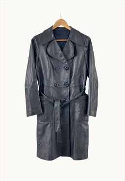 Vintage Leather Trench Coat in Navy