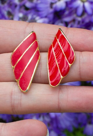 80'S RED ENAMEL FAN EARRINGS