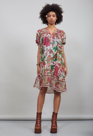 VINTAGE 70'S HOT PINK AND GREEN FLORAL INDIAN BOHO DRESS