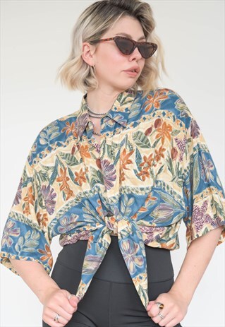 VINTAGE 90S SHIRT SHORT SLEEVE IN BLUE YELLOW FLOWER PATTERN