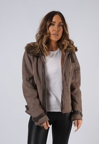 VINTAGE FAUX SHEEPSKIN SUEDE EFFECT JACKET UK 10 SMALL (AEE)