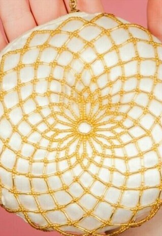 STUNNING VINTAGE WHITE SATIN GOLD BEADED FLAPPER STYLE BAG