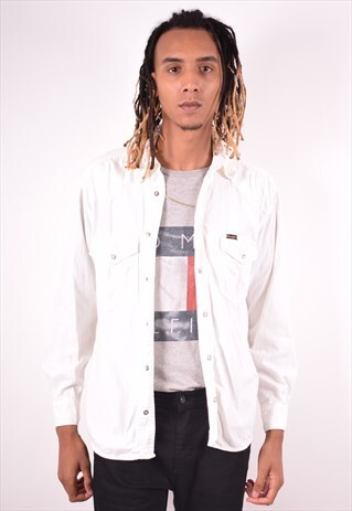 WRANGLER MENS VINTAGE DENIM SHIRT MEDIUM WHITE 90S