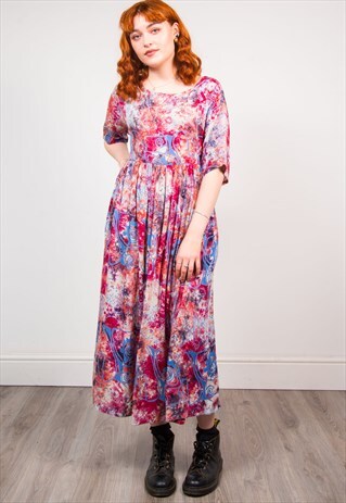 VINTAGE 90'S PINK GROOVY PATTERN FLOATY MIDI DRESS