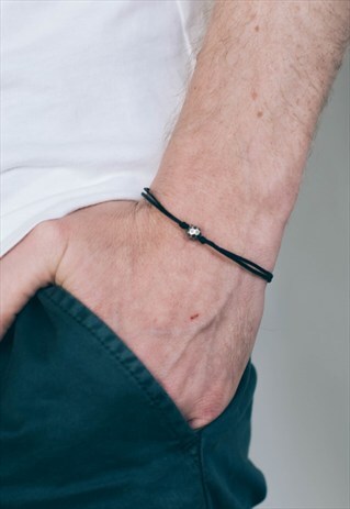 BLACK BRACELET MENS BRACELET WITH SILVER ROUND BEAD FOR HIM