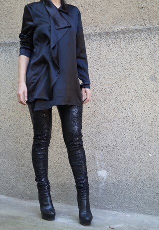BLACK LOOSE SHIRT TUNIC OVERSIZED TOP BLOUSE DRAPED F1598
