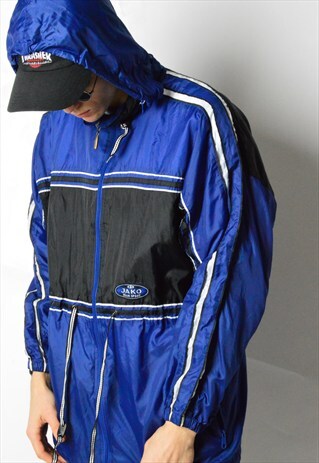 VINTAGE 90S JAKO BLACK AND BLUE SHELL RAIN COAT WITH HOOD
