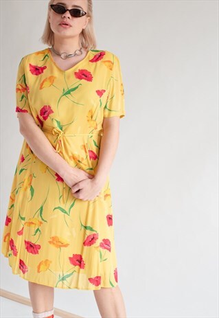 VINTAGE SHORT SLEEVE FLORAL PATTERN MIDI DRESS IN YELLOW M