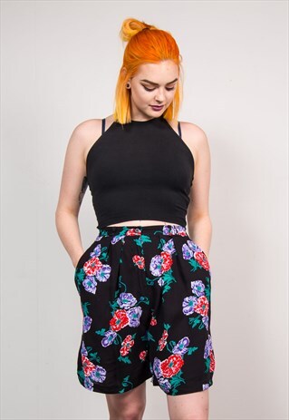 VINTAGE 90'S BLACK FLOWER PATTERN SUMMER CULOTTES SHORTS