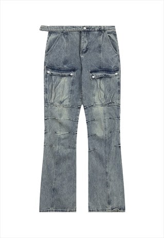 Wrinkled jeans cargo pocket denim pants raver joggers blue