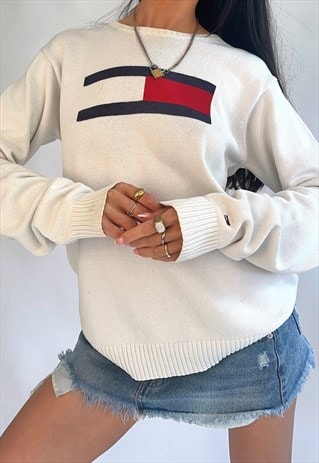 RARE TOMMY HILFIGER FLAG WHITE CREW NECK KNIT JUMPER