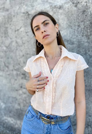 VINTAGE 80S EMBROIDERED FLOWERS SHIRT PINK