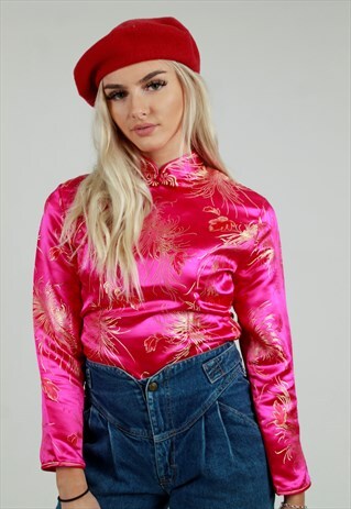 VINTAGE PINK ORIENTAL FLORAL PATTERN BLOUSE TOP