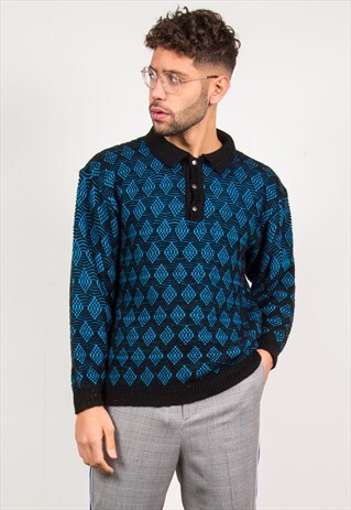 VINTAGE RETRO PATTERN KNIT JUMPER COLLARED