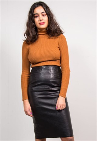 90'S VINTAGE BLACK LEATHER PENCIL MIDI SKIRT