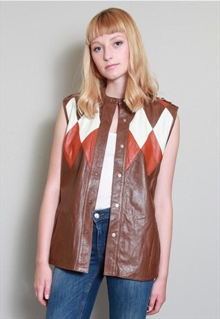 VINTAGE 1970'S BROWN PATTERNED LEATHER WAISTCOAT GILET.