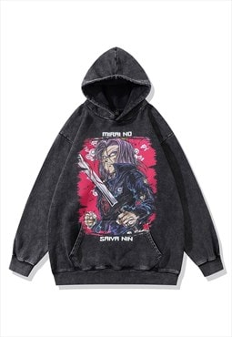Anime hoodie Japanese cartoon pullover grunge top in grey
