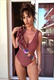 CHESTNUT PUFF SLEEVE SEQUIN FLORAL SWIMSUIT