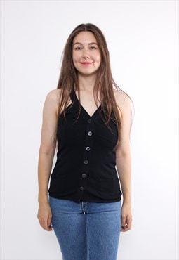 90s button front tank top in black, vintage stretchy top