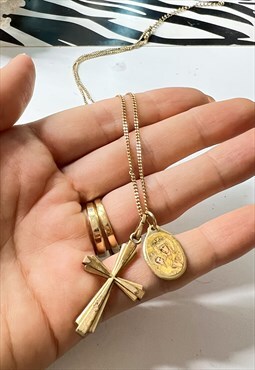 1970's Gold Cross and Saint Charm Necklace