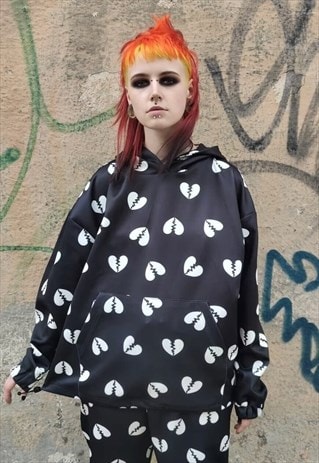 BROKEN HEART HOODIE HANDMADE LOVE EMOJI PULLOVER IN BLACK