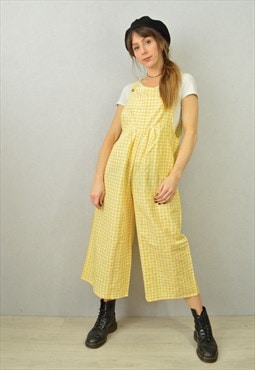 Gingham Pattern Dungarees Check 3/4 Length Wide Leg