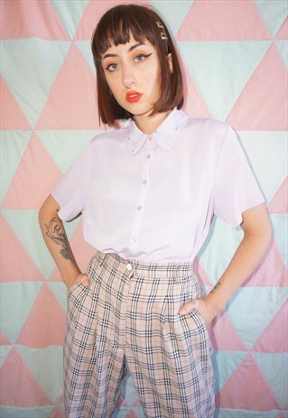 VINTAGE 90S LILAC FLORAL EMBROIDERED SHORT SLEEVE SHIRT