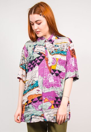 VINTAGE 90'S BRIGHT MAP EXPLORER PRINT SHORT SLEEVE SHIRT
