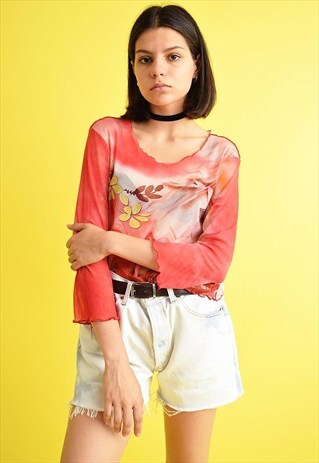 90'S HIPPIE PSYCHEDELIC FLORAL PRINT MESH KITSCH TOP BLOUSE