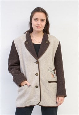 Vintage Women's L Wool Jacket Trachten Cardigan Blazer Brown