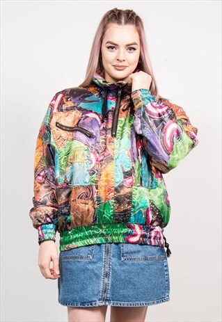 VINTAGE 90'S MULTICOLOURED WAVEY PATTERN PULLOVER SKI COAT
