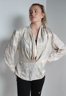 Vintage 80s Draped Patterned Blouse Top Cream