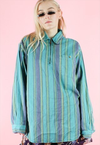 VINTAGE 90S 1/4 ZIP JUMPER SHIRT W STRIPES Y2K BLUE