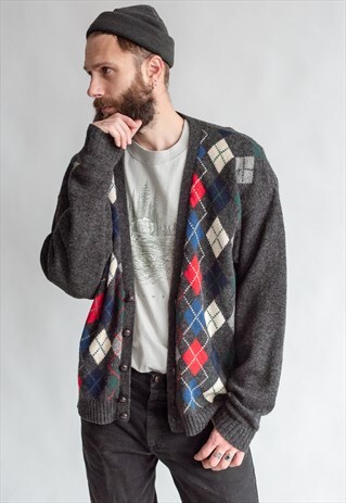 VINTAGE 80S WINTER CHECKERED WOOL CARDIGAN