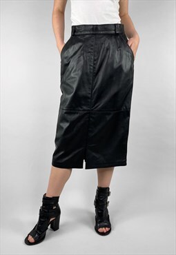 80's Vintage Ladies Soft Black Leather Pencil Midi Skirt