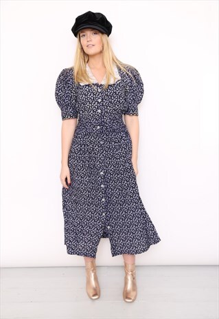 VINTAGE 80S NAVY FLORAL MIDI DRESS